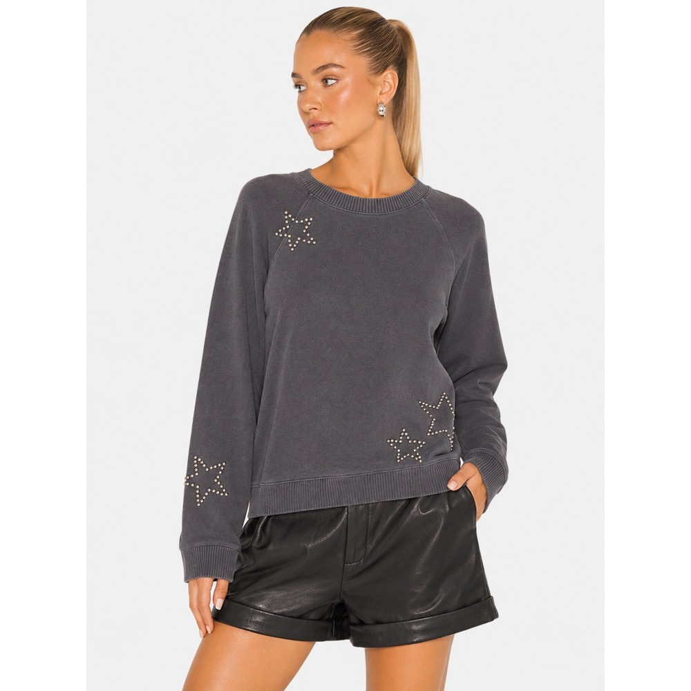 Monrow Studded Star Sweatshirt Gray 100% Cotton Pullover Size XS